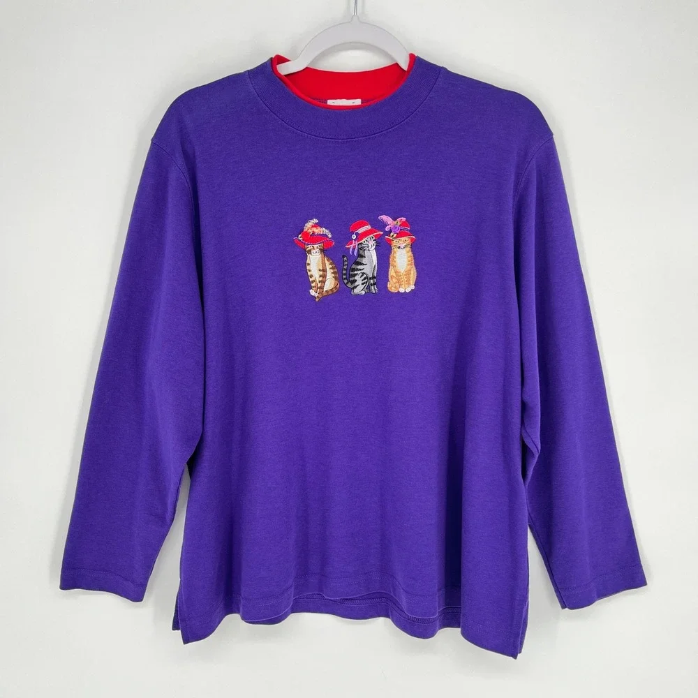 Vintage 90s Embroidered Cat Sweatshirt Purple Cottagecore Kitten Pullover XLP